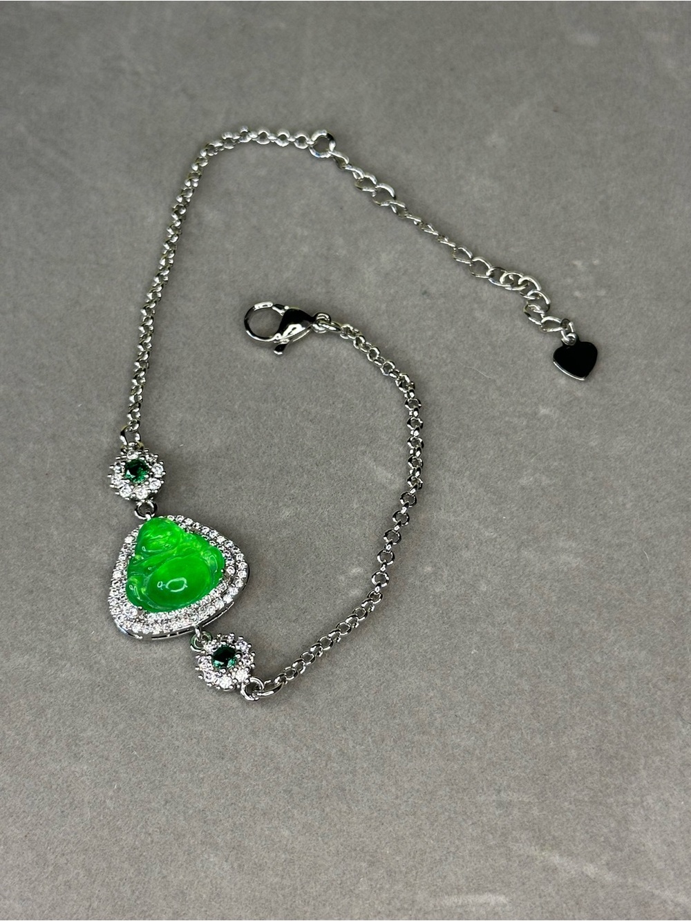 Silver Bracelet with Green Agate carved buddha